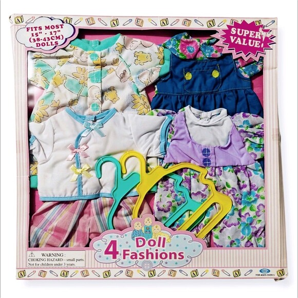 New Vintage Doll Baby Clothes 15" to 17" 1990s 4 Outfits Dress Pajamas Gift Set - Picture 1 of 11
